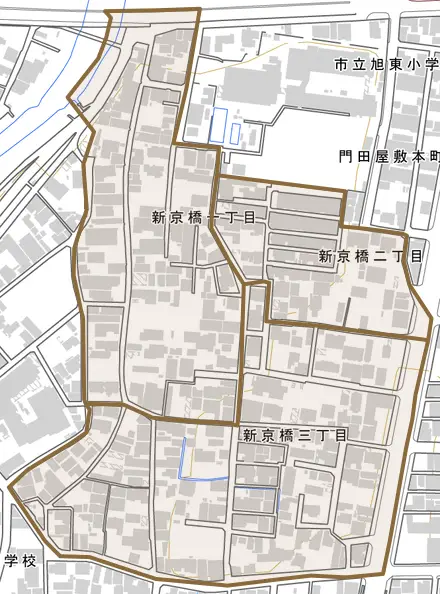 新京橋とその周辺の地図。町の範囲を重ねている