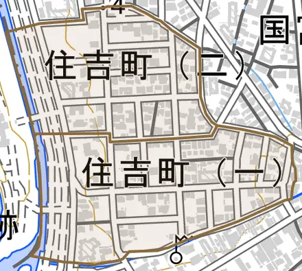 住吉町とその周辺の地図。町の範囲を重ねている