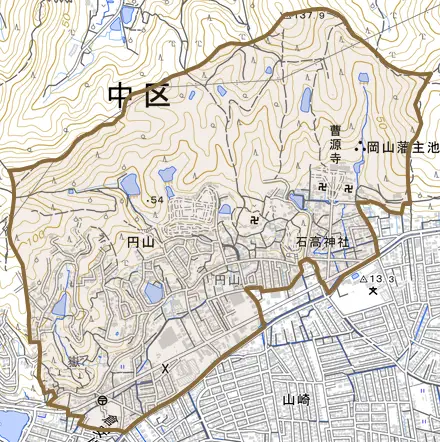円山とその周辺の地図。町の範囲を重ねている