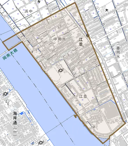 江並とその周辺の地図。町の範囲を重ねている