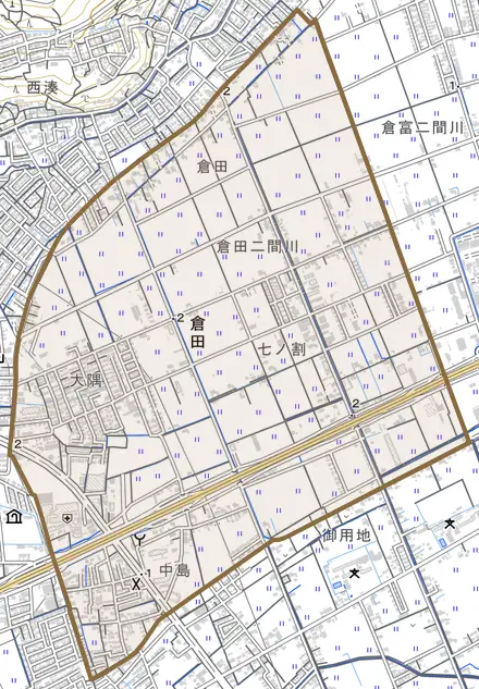 倉田とその周辺の地図。町の範囲を重ねている