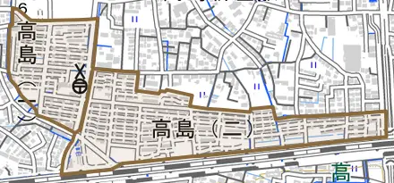 高島とその周辺の地図。町の範囲を重ねている
