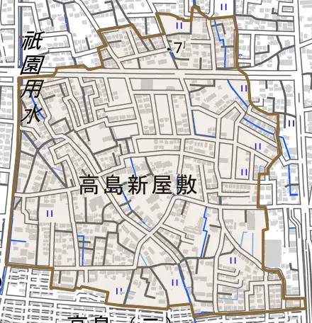 高島新屋敷とその周辺の地図。町の範囲を重ねている