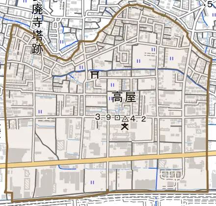 高屋とその周辺の地図。町の範囲を重ねている