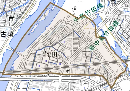 竹田とその周辺の地図。町の範囲を重ねている