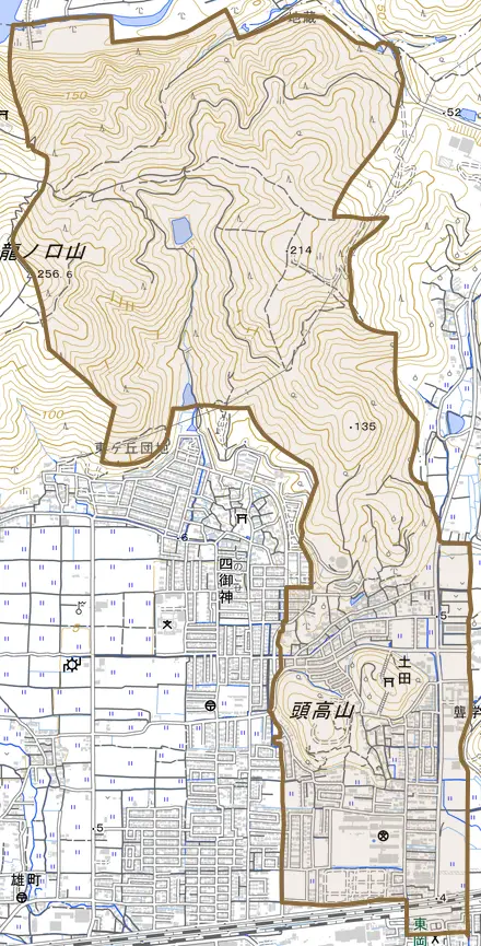 土田とその周辺の地図。町の範囲を重ねている