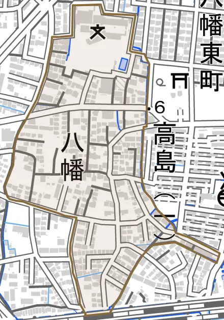 八幡とその周辺の地図。町の範囲を重ねている