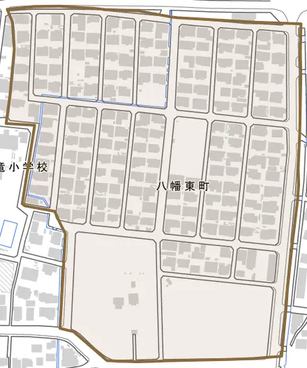 八幡東町とその周辺の地図。町の範囲を重ねている