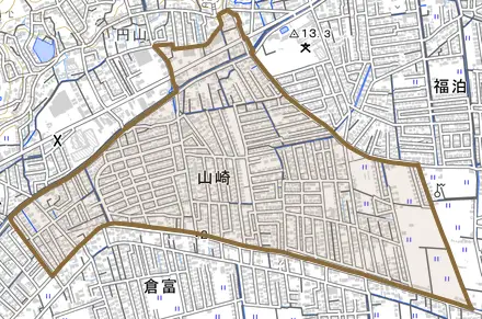 山崎とその周辺の地図。町の範囲を重ねている