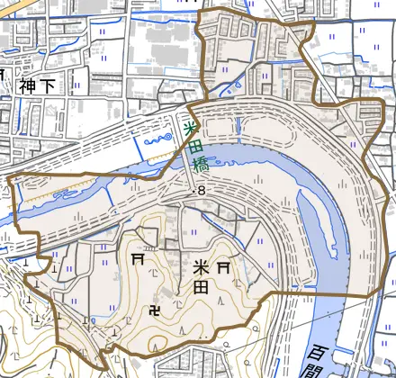 米田とその周辺の地図。町の範囲を重ねている