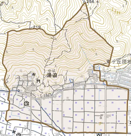 湯迫とその周辺の地図。町の範囲を重ねている