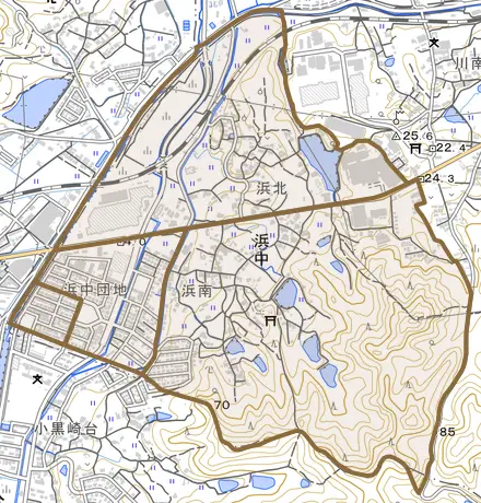 大字浜中とその周辺の地図。町の範囲を重ねている
