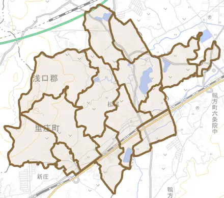 大字里見とその周辺の地図。町の範囲を重ねている