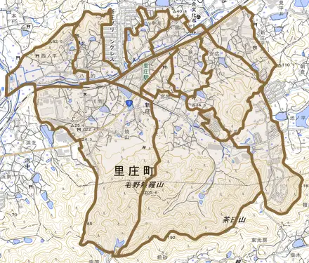 大字新庄とその周辺の地図。町の範囲を重ねている