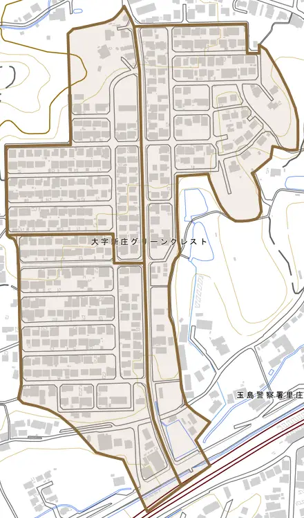 大字新庄グリーンクレストとその周辺の地図。町の範囲を重ねている