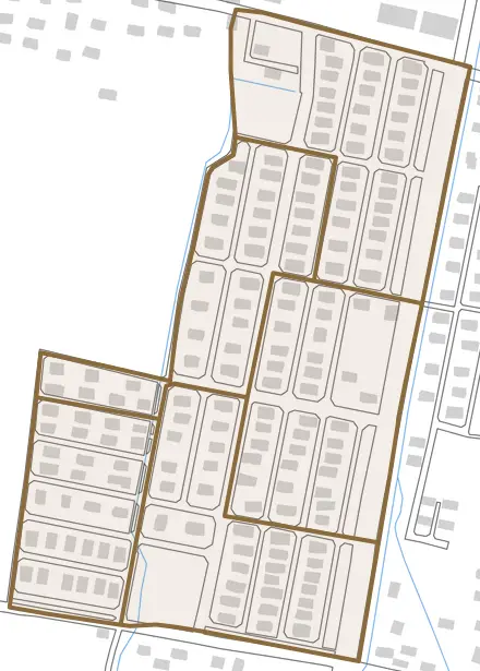 邑久町福元とその周辺の地図。町の範囲を重ねている