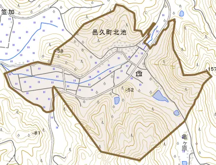邑久町北池とその周辺の地図。町の範囲を重ねている