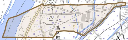 邑久町豆田とその周辺の地図。町の範囲を重ねている