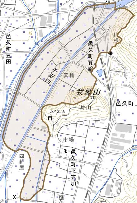 邑久町箕輪とその周辺の地図。町の範囲を重ねている