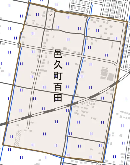 邑久町百田とその周辺の地図。町の範囲を重ねている