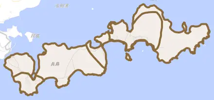 邑久町虫明とその周辺の地図。町の範囲を重ねている