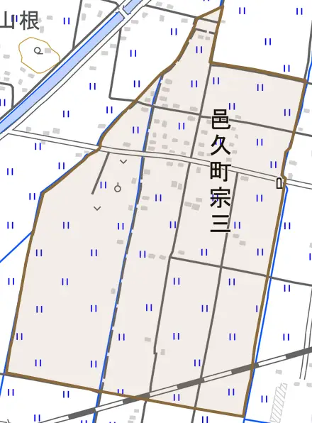邑久町宗三とその周辺の地図。町の範囲を重ねている