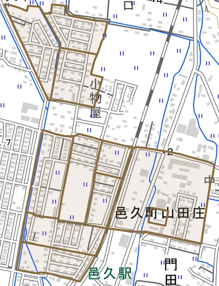 邑久町山田庄とその周辺の地図。町の範囲を重ねている