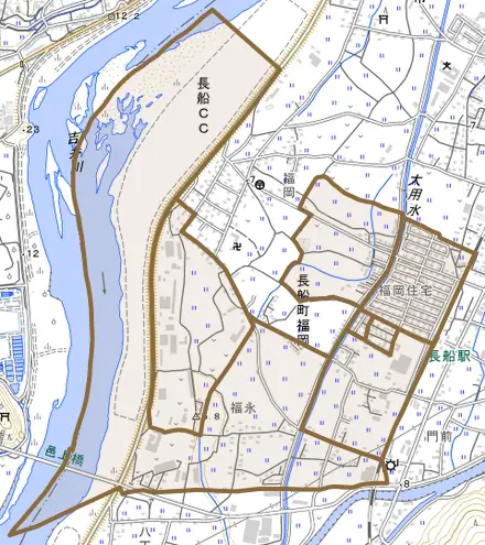 長船町福岡とその周辺の地図。町の範囲を重ねている