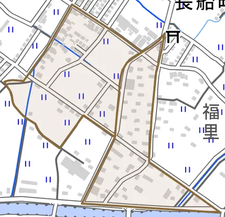 長船町福里とその周辺の地図。町の範囲を重ねている