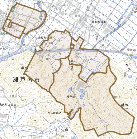 長船町土師とその周辺の地図。町の範囲を重ねている