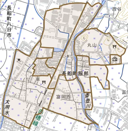 長船町服部とその周辺の地図。町の範囲を重ねている