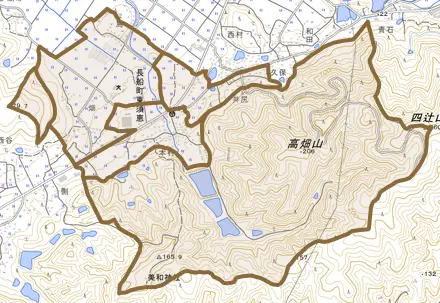 長船町東須恵とその周辺の地図。町の範囲を重ねている