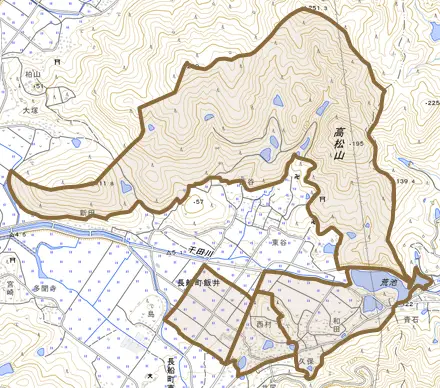 長船町飯井とその周辺の地図。町の範囲を重ねている