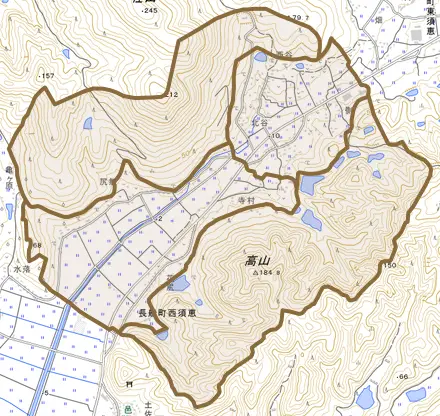 長船町西須恵とその周辺の地図。町の範囲を重ねている