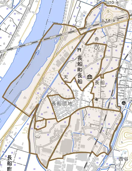 長船町長船とその周辺の地図。町の範囲を重ねている