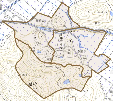 長船町牛文とその周辺の地図。町の範囲を重ねている