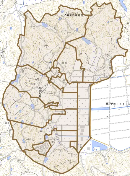 牛窓町長浜とその周辺の地図。町の範囲を重ねている