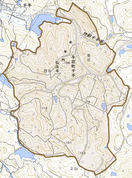 牛窓町千手とその周辺の地図。町の範囲を重ねている
