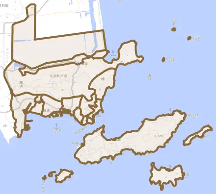 牛窓町牛窓とその周辺の地図。町の範囲を重ねている