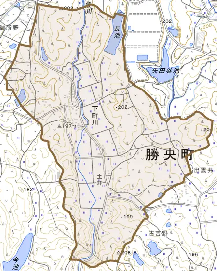 下町川とその周辺の地図。町の範囲を重ねている
