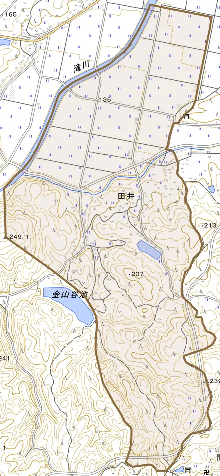 田井とその周辺の地図。町の範囲を重ねている