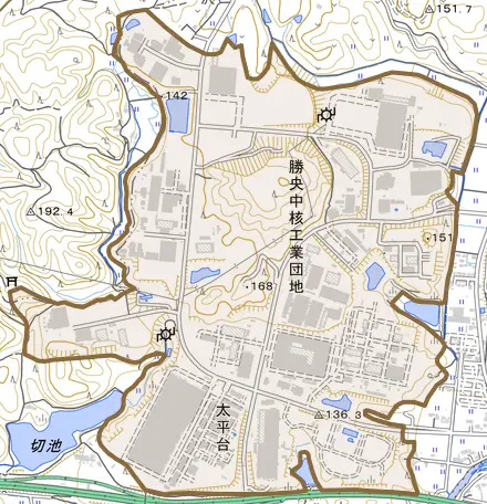 太平台とその周辺の地図。町の範囲を重ねている