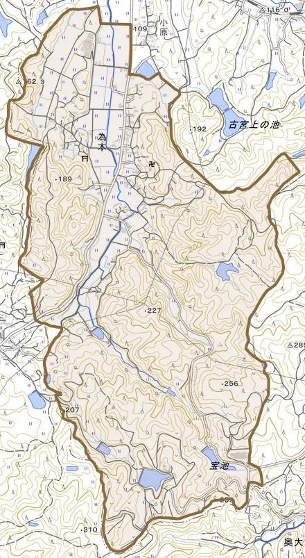 為本とその周辺の地図。町の範囲を重ねている