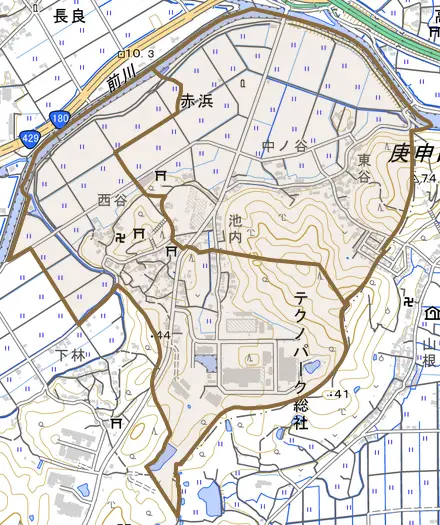 赤浜とその周辺の地図。町の範囲を重ねている