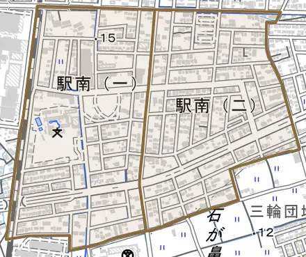 駅南とその周辺の地図。町の範囲を重ねている