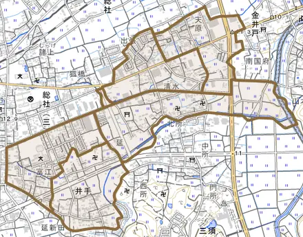 井手とその周辺の地図。町の範囲を重ねている