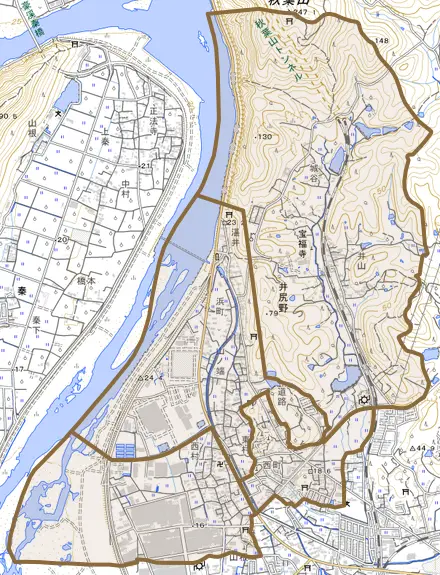 井尻野とその周辺の地図。町の範囲を重ねている