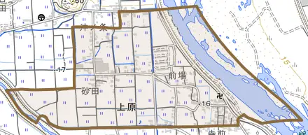 上原とその周辺の地図。町の範囲を重ねている