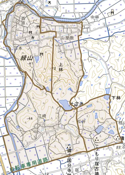 上林とその周辺の地図。町の範囲を重ねている