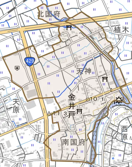 金井戸とその周辺の地図。町の範囲を重ねている